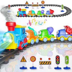 Funwee Steam Track Train Set for Toddlers, Magnetic Connection Train Toys w/Lights & Sounds, Electric Cartoon Choo Choo Train, Toy Train Christmas Birthday Gift for Toddlers 2 3 4 5+ Boy Girl (Blue)