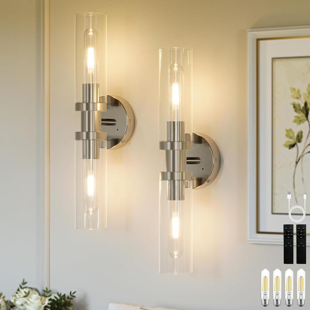 Rechargeable Battery Operated Wall Sconce Set of 2, 8000mAh Cordless Wall Lights with Dimmable, Timer Function, 3000K Warm White, Easy Install for Living Room, Bedroom, Nickel Finish, Bulbs Included