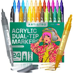ARTISTRO 24 Dual-Tip Acrylic Paint Markers - Medium + Fine Tip Combo - 22 Bright Colors + 2 Metallic Chrome Paint Pens (Multicolor)