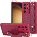 OOK Compatible with Samsung Galaxy S23 Ultra Leopard Case with Wrist Strap, Wine Red Leopard TPU Shockproof Protection Slim Cover with Camera Protection for Women Girls, for 6.8inch