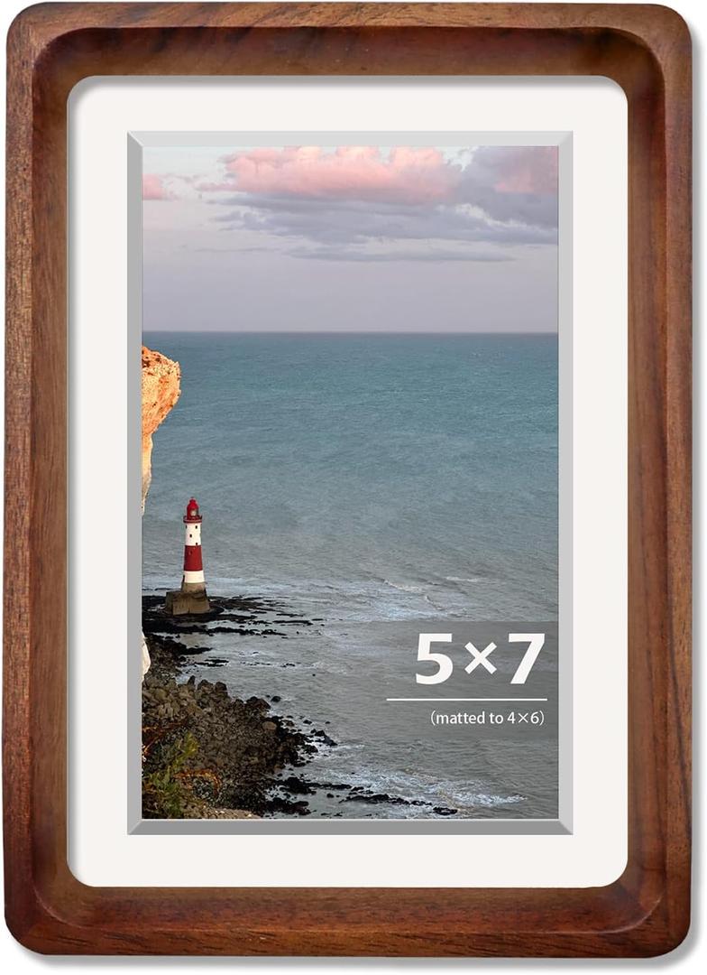 5x7 Picture Frame, Solid Walnut Wood Photo Frame with Mat for 4x6 or 5x7 Photos, Real Wood Frame with Tempered Glass for Wall or Tabletop Display, Horizontal & Vertical