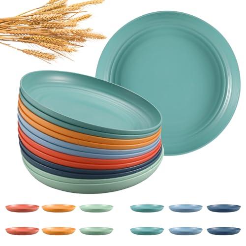 HEYCOME 12 Pcs Unbreakable Deep Dinner Plates Set, 10 inch Reusable Plastic Wheat Straw Plates, Microwave and Dishwasher Safe Plate for Kitchen, Lightweight Plate for Dessert, BPA Free, 6 Colors