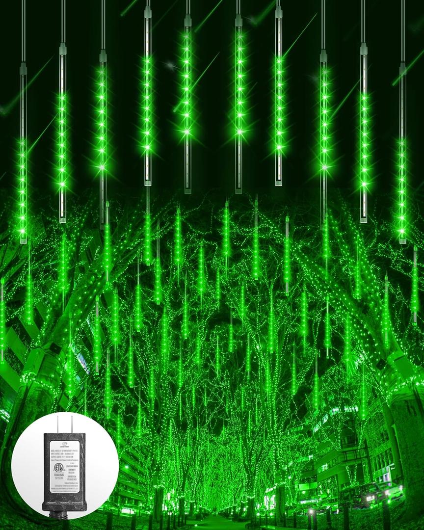 Blingstar Meteor Shower Lights Outdoor Christmas Lights, 16 Inch 10 Tubes 360 LEDs Falling Rain String Light with Timer, Waterproof Plug in Icicle Light for Tree Porch Roof Yard Xmas Decoration, Green