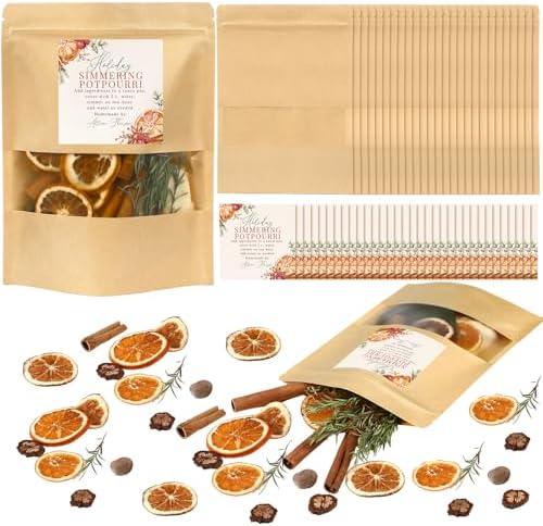 Yoojahow 100 Pcs 50 Set Christmas Potpourri Bags Resealable Stand up Pouches with Simmering Potpourri Sticker Bakery Bag with Window Holiday Simmer DIY Gift Crafting Kit for Home Xmas Party Gift Decor