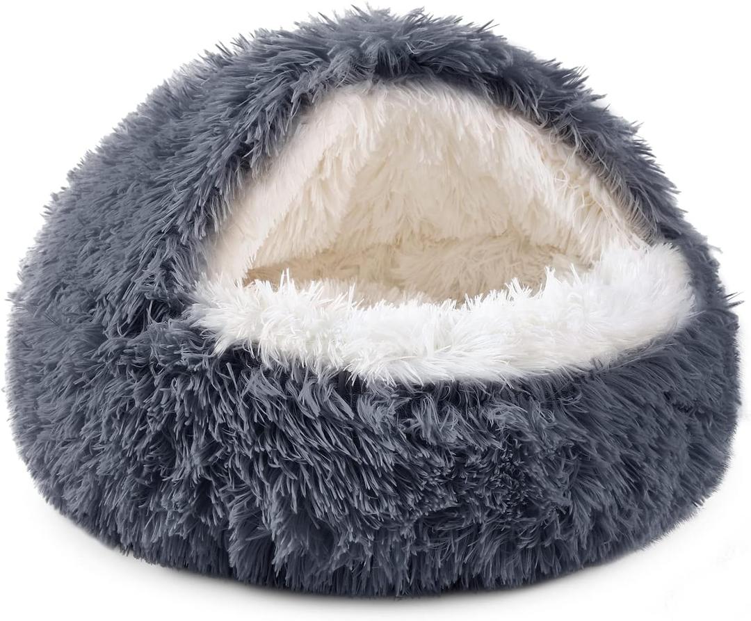 NOYAL Round Hooded Donut Dog Bed for Small & Medium Pets - Plush Fluffy Anti-Anxiety Cat Cave Bed with Cover (Medium 23.6'', Dark grey)