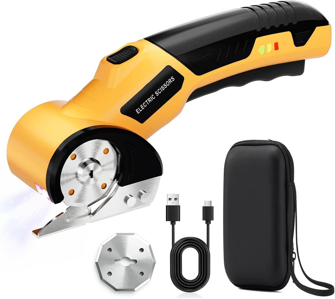 4V Cordless Electric Scissors, Quick Cutting LED Light & Safety Lock, 2-Blade Rotary Cutter for Cardboard, Fabric, Carpet, Leather, Rechargeable with Storage Box (Yellow)