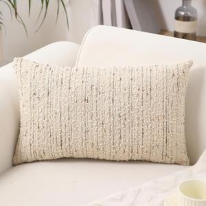 Textured Boucle Lumbar Pillow Covers 12x20 Neutral Striped Throw Pillows Soft Modern Farmhouse Pillow Cases, 1pc Decorative Accent Rectangle Couch Cushion Cover for Bed Sofa, Cream Brulee
