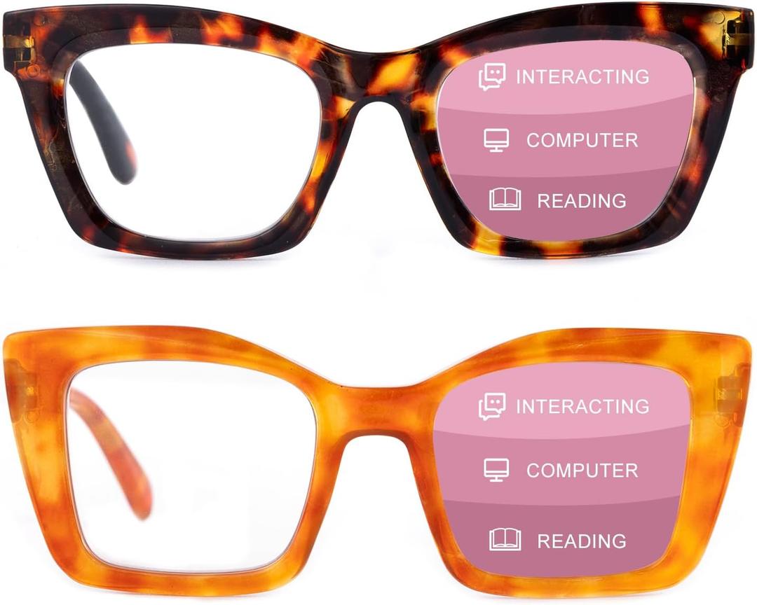 2 Pack Progressive Multifocal Reading Glasses for Women, Stylish No Line Multifocus Readers (C4)