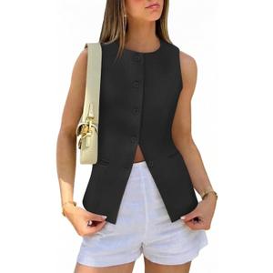 Tankaneo Womens Tweed Sleeveless Vest Button Down Blazer Vest Casual Tops | Fitted, Work, Office, Summer Casual, Crewneck, Waistcoat