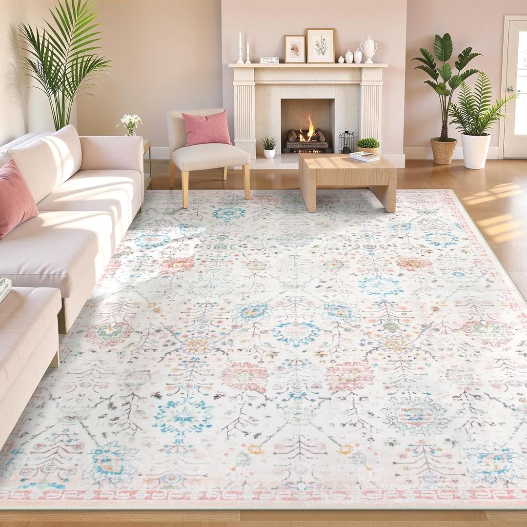 Lahome Flavie 8x10 Washable Rug for Nursery, Soft Carpet for Snug Bedroom Non Slip, Low Pile Boho Pink and White Area Rugs for Living Room Kids Room Classroom, Easy Care Floral Carpets, Beige