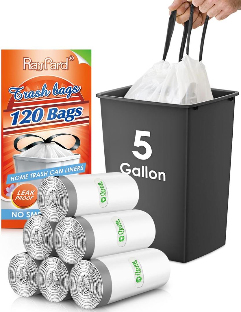 5 Gallon 120 Counts Strong Drawstring Trash Bags Garbage Bags by RayPard, Small Plastic Trash Bags fit 18-20L Trash Can for Home Office Kitchen Bathroom Bedroom, White Waste Basket Liners