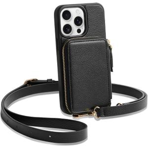 ZVE for iPhone 14 Pro Max Wallet Case Crossbody, Card Holder Zipper Phone Cover for Women RFID Blocking Wrist Strap for iPhone 14 Pro Max, 6.7 inch, 2022- Black