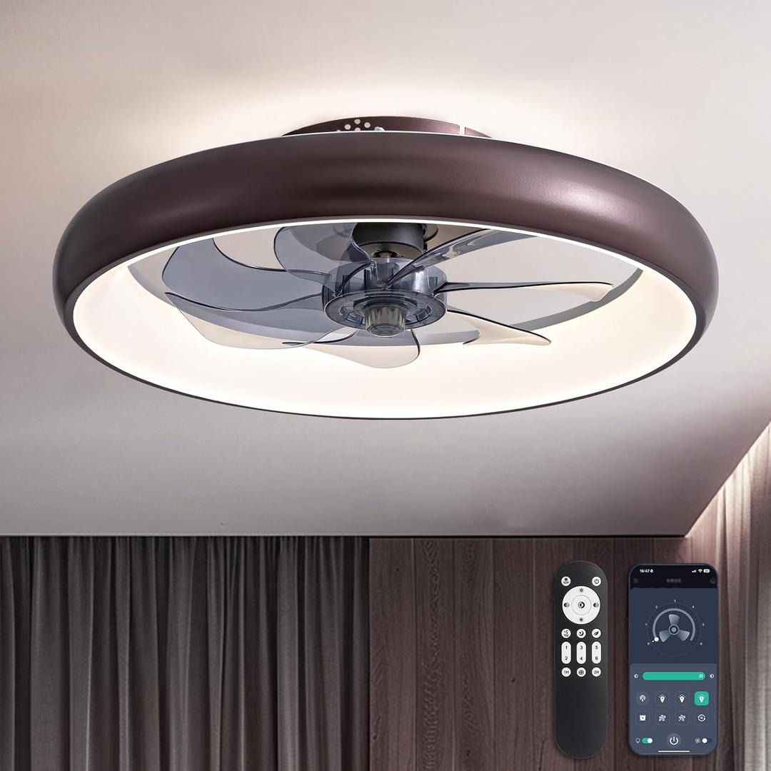 Ceiling Fan with Lights and Remote, 20'' Low Profile Flush Mount, 6 Wind Speeds, Modern Dimmable LED, Smart for Bedroom, Kids Room (Brown)