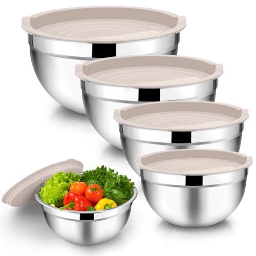 TeamFar Mixing Bowls with Lids, 5-Piece Stainless Steel Metal Nesting Salad Bowl for Mixing Prepping, Healthy & Heavy Duty, Airtight Lids & Dishwasher Safe, 4.5/3/1.5/1/0.7 QT-Khaki