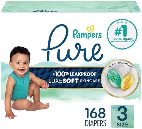 Pampers Pure Protection Baby Diapers, Size 3 (16-28 lbs), 168 Count, Up to 100% Leakproof, Premium Plant-Based Skin Protection, Hypoallergenic Soft Diapers