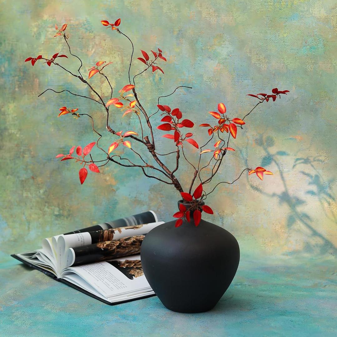 3Pcs Twisted Zen Leaves Faux Tree Branches Artificial Greenery Floral Fall Stems Twigs For Vase Tall Arrangement Table Centerpieces Room Halloween Hotel Office Minimalist Temple Decoration (Red)