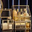 Tempered Glass Makeup Organizer with Gold Heart Shaped Metal Frame, Large Cosmetic Storage Drawer Cabinet, Dustproof Vanity Display Case for Lipstick Makeup Brush Skincare, 8.46"D x 5.91"W x 12.01"H