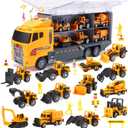 25 in 1 Construction Truck Toy Set for Kids  Push and Go Car Carrier with Lights and Sounds, 12 Diecast Mini Vehicles Included