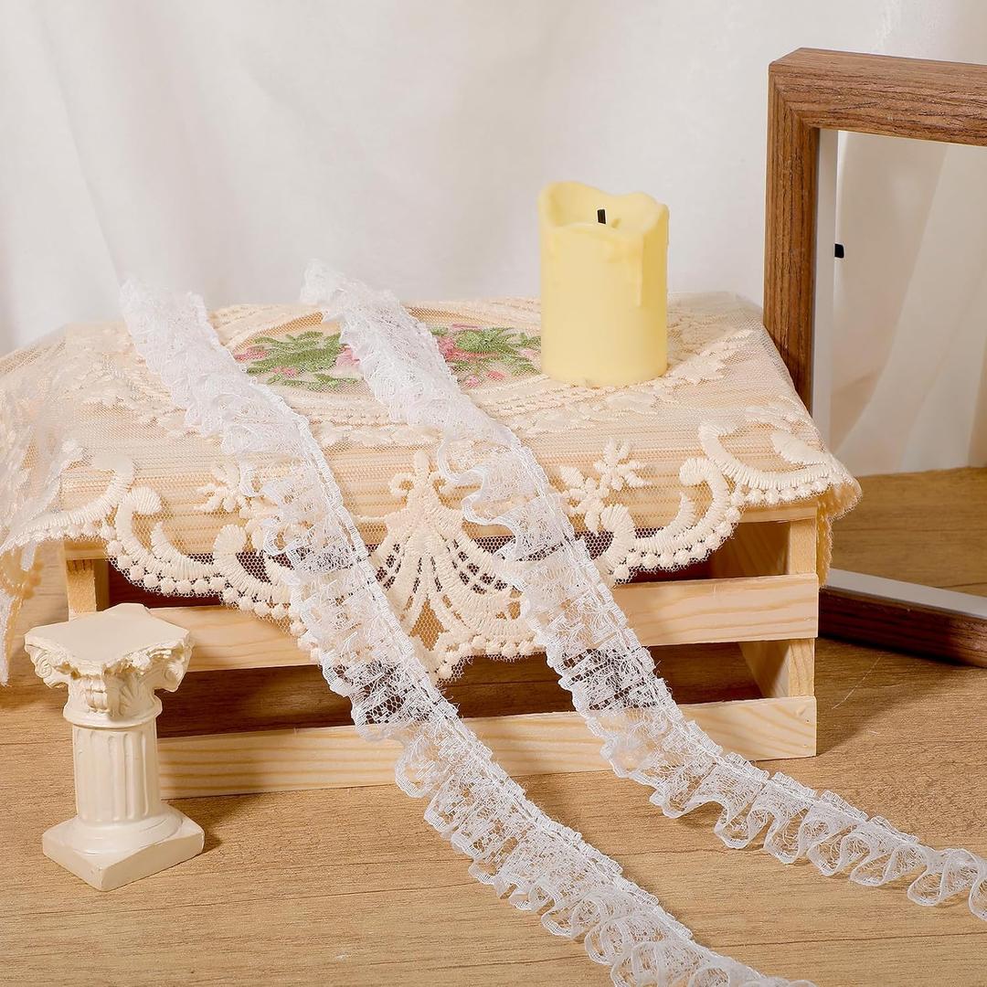 White Lace Ribbon,10 Meters Pleated Organza Lace Edge Gathered Mesh Trim Ribbon Vintage Style Edging Trimmings Embroidered Applique Sewing Craft Wedding Bridal Dress Embellishment DIY Decor