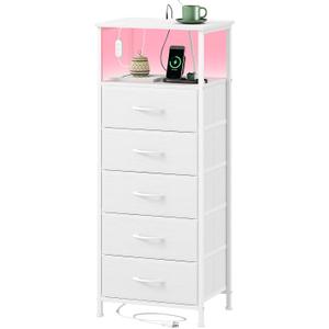 Somdot White Nightstand with Charging Station and LED Light for Bedroom, Tall 5 Drawers Dresser with Fabric Bins for Bedside Kids Dorm Room Closet Laundry Entryway, White Leather, 11.8"D x 15.7"W x 39.8"H