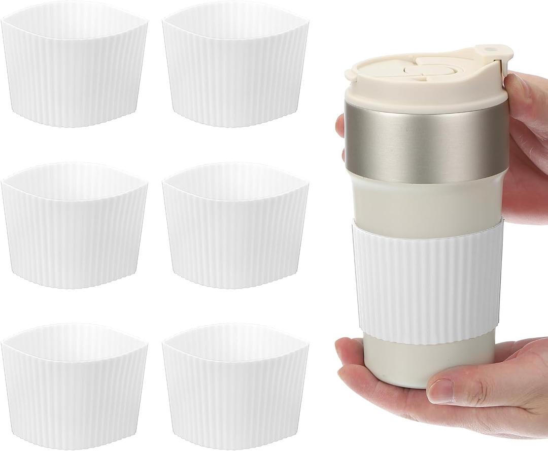uxcell 6-Pack Coffee Cup Sleeves, Reusable Silicone Heat Resistant Cup Protective Sleeve Nonslip Mug Protector Cover for Home Travel Coffee Mug Glasses Water Bottle Boots, White