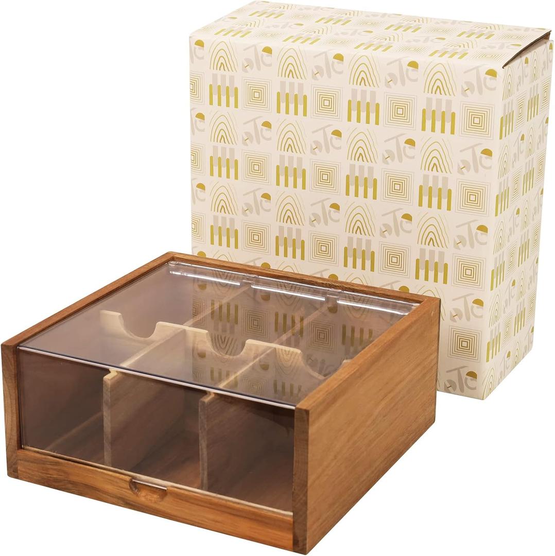 HTB Acacia Wood Tea Bag Organizer Storage, Gift Box 6 Compartments Tea Chest Box with Acrylic Transparent Hinged Lid