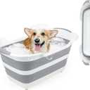 FHTONGE 7.13 Gal/27L Raised Collapsible Dog Bathtub with Drain Hair Catcher, Multifunctional Pet Washtub for Small to M Dog, Portable Puppy Tub Cat Shower Basin Laundry Basket Storage Organize Bucket