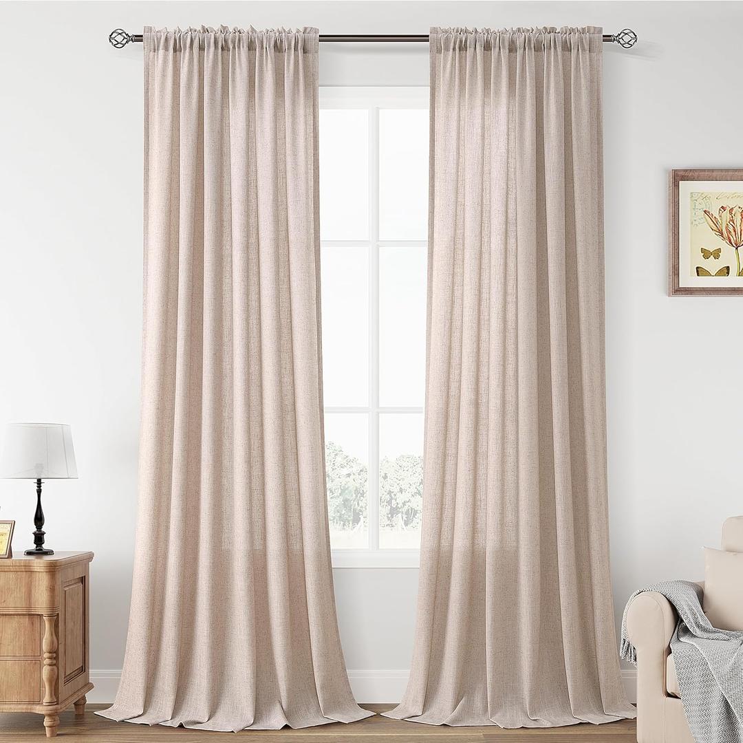 Guken Oatmeal Linen Curtains 84 Inch Length for Living Room Bedroom 2 Panels Set Rod Pocket Light Filtering Semi Sheer Window Curtains 52 Inch Width Boho Farmhouse Linen Drapes, W52xL84