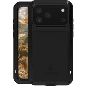 LOVE MEI for iPhone 17 Pro Max Case, Outdoor Heavy Duty Rugged Durable Military Armor Bumper Aluminum Metal Dust/Shockproof Full Body Protection Case with Tempered Glass for iPhone 17 Pro Max (Black)