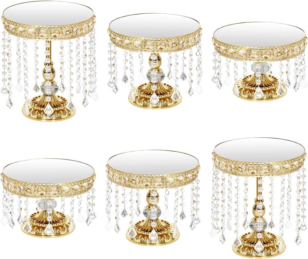 6Pcs Gold Cake Stands with Crystals, Mirror Metal Elevated Cake Display Gold Dessert Stands for Party, Wedding Reception(Mirror Golden)