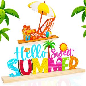 2 x Simplepolymer Hello Sweet Summer Metal Sign Rustic Home Office Decoration with Wooden Base for Table Shelf Tiered Tray Fireplace Mantel Decor