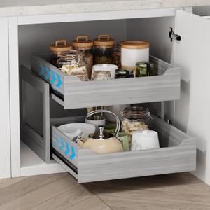 Pull Out Drawers For Cabinets, 23" W x 21.65" D x 17" H Slide Out Wooden Pull out Drawers, 2-Tier, Heavy-Duty Base Bottom Assembly Slide out Drawer Shelf Cabinet Organization for Kitchen, Gray