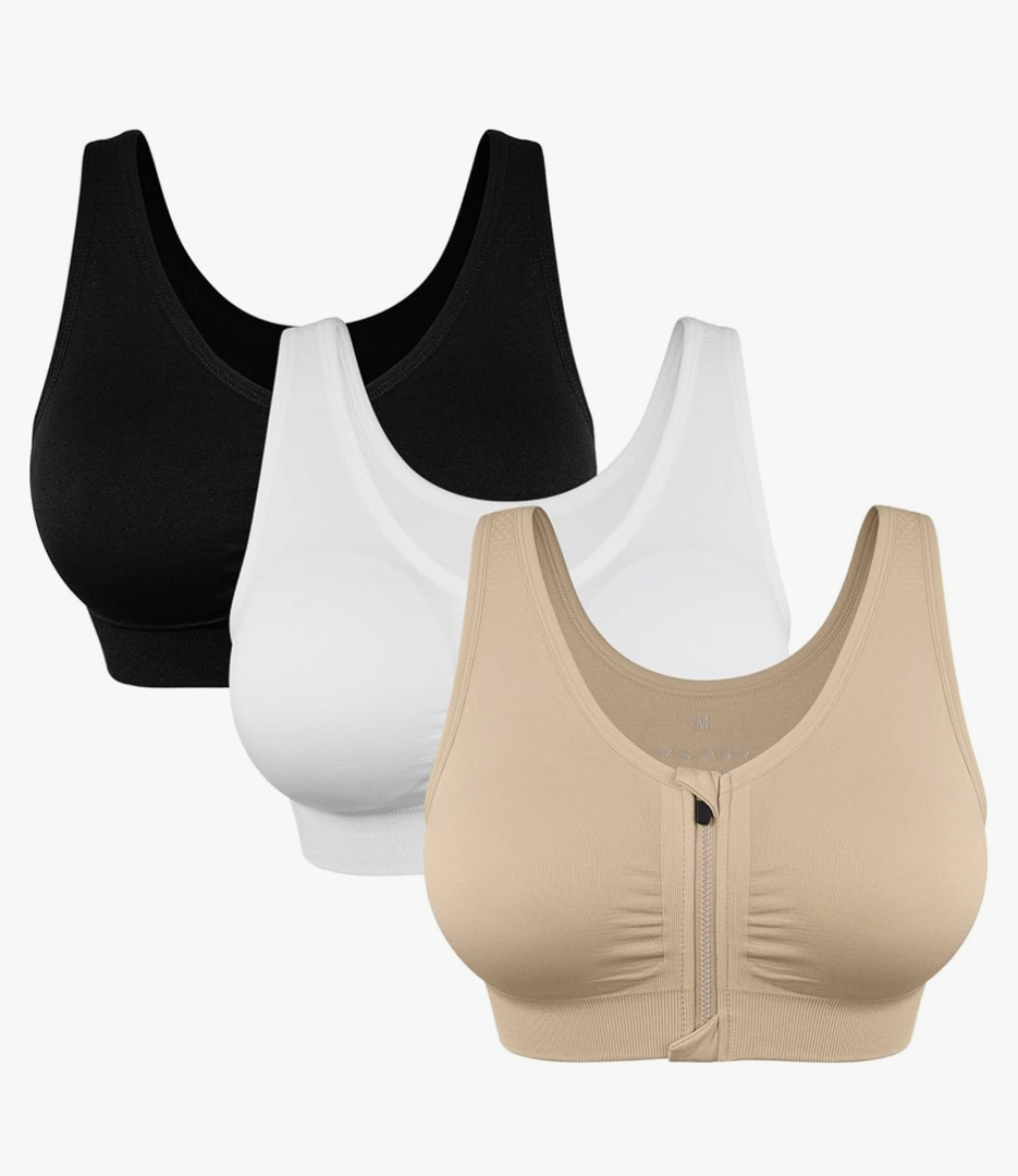 Women's Zip Front Sports Bra Wireless Post-Surgery Bra Active Yoga Sports Bras XL