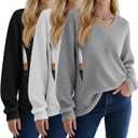 3 Pack Women's Oversized Nursing Tops Waffle Knit V Neck Breastfeeding Long Sleeve Shirts Hidden Zipper Sweatshirt, Small