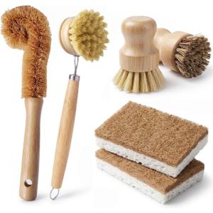 Natural Bamboo Dish Brush Set - 6 PCS Kitchen Cleaning Brush Kit with 4 Utensil Brushes and 2 Coconut Fiber Dish Sponges, for Cleaning Pots, Pans, Dishes, Bottles, Vegetables, and Fruits