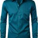 ZEROYAA Men's Urban Stylish Casual Business Slim Fit Long Sleeve Button Up Dress Shirt with Pocket (Medium, Teal)