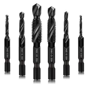 6 Packs Combination Drill & Taps Bit Set, Screw Tapping in SAE Size 6-32nc 8-32nc 10-32nc 10-24nc 12-24nc 1/4-20nc with Anti-Rust Black Coating, 1/4 Hex Shank and Storage Case