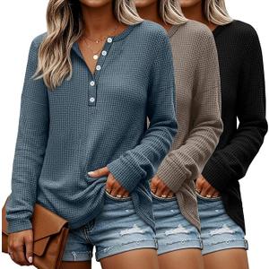 3 Pack Women's Oversized Waffle Knit Shirts Long Sleeve Henley V Neck Tops Button Up Loose Casual Pullover Sweater, Black, Mocha, Haze Blue (Size Large)