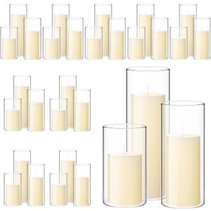Shihanee 180 Pcs Pillar Candles and Glass Cylinder Vases Clear Cylinder Holders for Slim Pillar Candles Table Decoration (Ivory White)