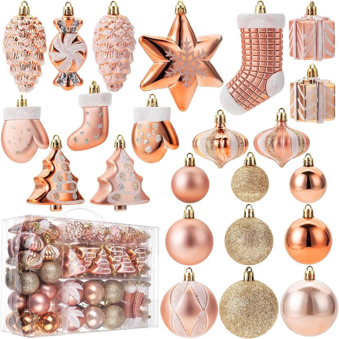 Mr. Pen Assorted Rose Gold Shatterproof Ornaments Set, 77 pcs, Bulk Ornaments for Tree