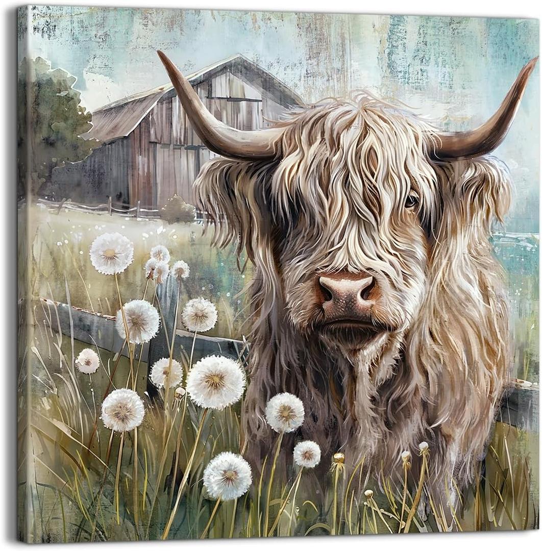 YUEYARIT Farmhouse Highland Cow Wall Decor in Neutral colour: Rustic Cow and Dandelion picture Canvas Art Print, Gift for Bathroom or Kitchen, Ideal Animal Artwork for Living Room (20L" x 20W")