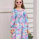 Haloumoning Girls Fall Long Sleeve Floral Dresses Kids Square Neck Smocked Holiday Party Dress 5-14 Years