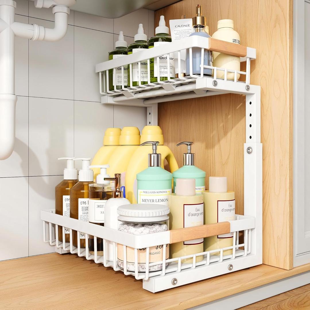 PXRACK(Small Version)1 Pack Under Sink Organizer, Adjustable Height, 2 Tier Pull Out Under Cabinet Organizer, Slide Out Thickened Metal Storage Shelf for Kitchen Bathroom Laundry Pantry Cabinet, White