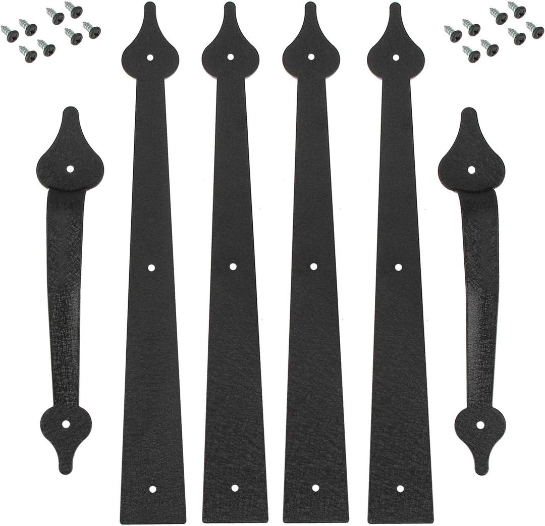 Homode Decorative Garage Door Hinges Handles, Faux Garage Door Accents, Metal Handles Hinges Hardware Kit, Screw Mounted, Black, Spear Style (4 Hinges+2 Handles)