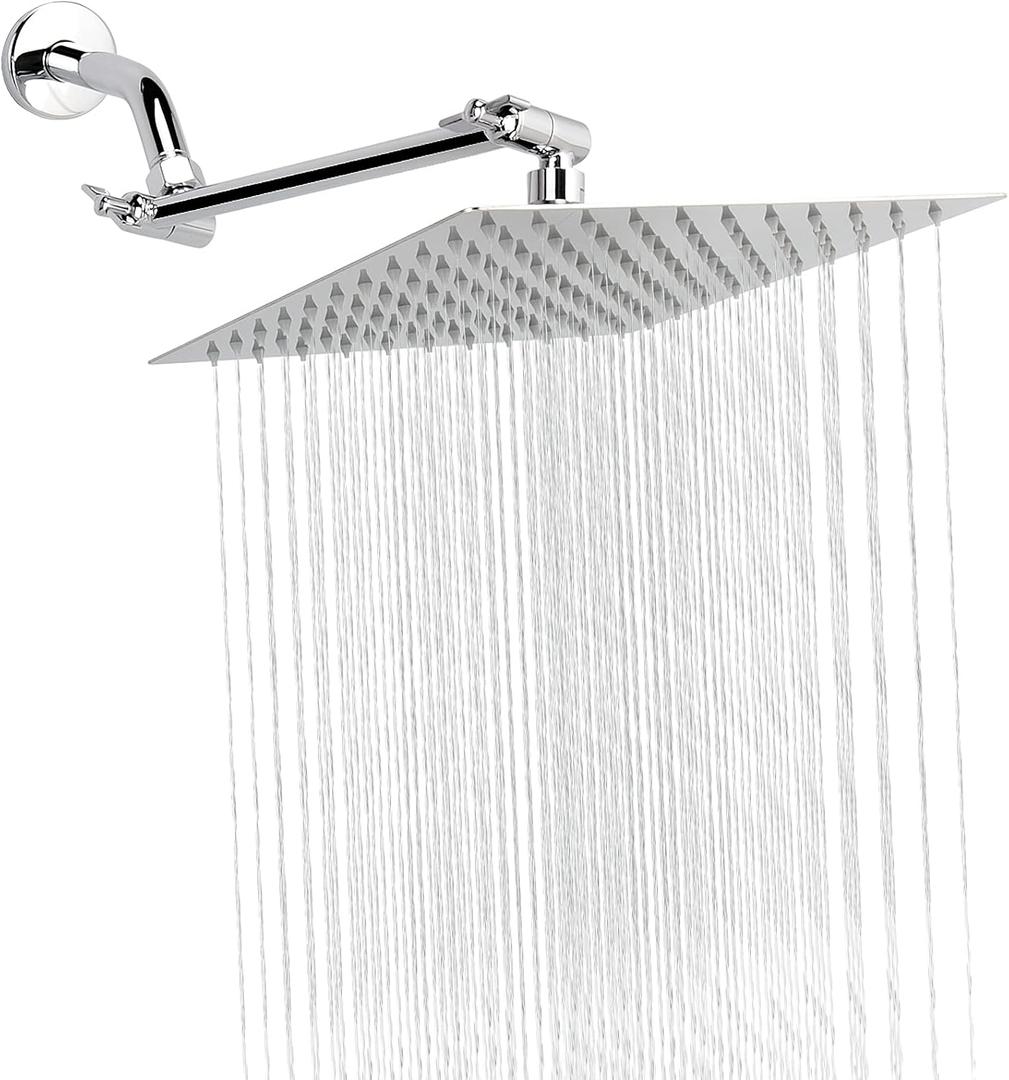 NearMoon Rain Shower Head with 11 Adjustable Extension Arm, Large Stainless Steel High Flow Rainfall Square Head, Bath Shower Waterfall Full Body Coverage (10 Inch, Chrome) (10 Inch, Chrome)