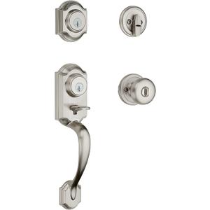 Kwikset Montara Front Door Lock Handle and Deadbolt Set, Entry Handleset Exterior with Interior Door Knob, Satin Nickel, Pick Resistant SmartKey Rekey Deadbolt Security