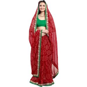 Women's Chiffon Bandhani Printed Saree With Lace And Blouse PieceWith Unstitched Blouse One Size