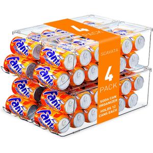 SCAVATA 4 Pack Soda Can Organizer for Refrigerator, Stackable Canned Food Pop Cans Container Can Holder Dispenser with Lid for Fridge Rack Freezer, Clear Storage Bins-Holds 12 Cans Each (Transparent)