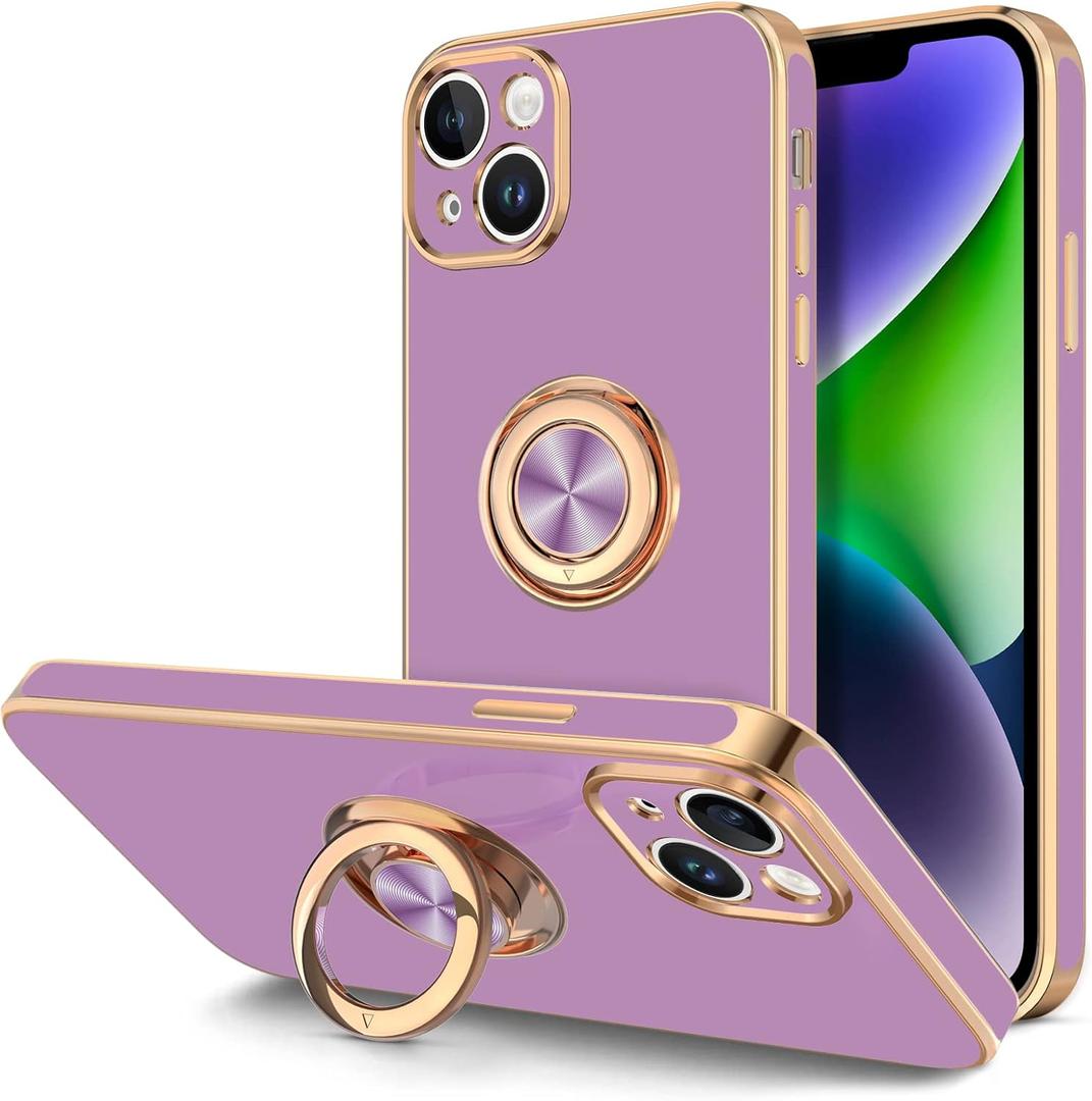 Hython for iPhone 14 Plus Case with Ring Stand [360 Rotatable Ring Holder Magnetic Kickstand] [Support Car Mount] Plated Gold Edge Soft TPU Luxury Shockproof Protective Phone Case Cover, Purple