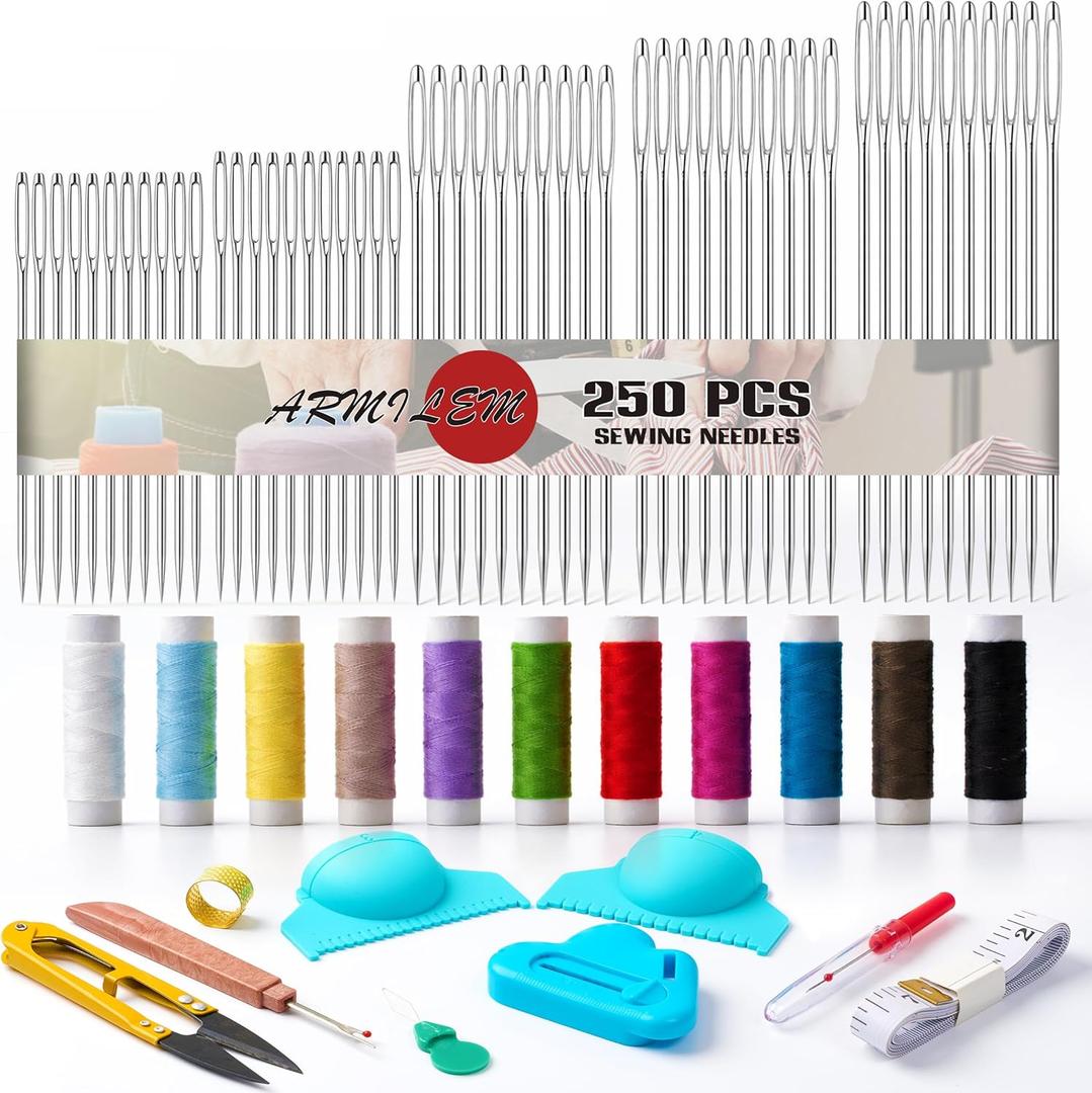 2 x 250 PCS Big Eye Steel Sewing Needles Kit, Stainless Steel for Hand Sewing with 12 Colors Thread, Sewing Edge Guide (3mm/4mm), Seam Ripper, Thimble, and Measuring Tape